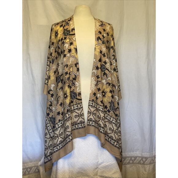 Boho Floral Kimono Ruana Wrap Long Draped Open Front Shawl Lightweight Tan EUC - Picture 1 of 8